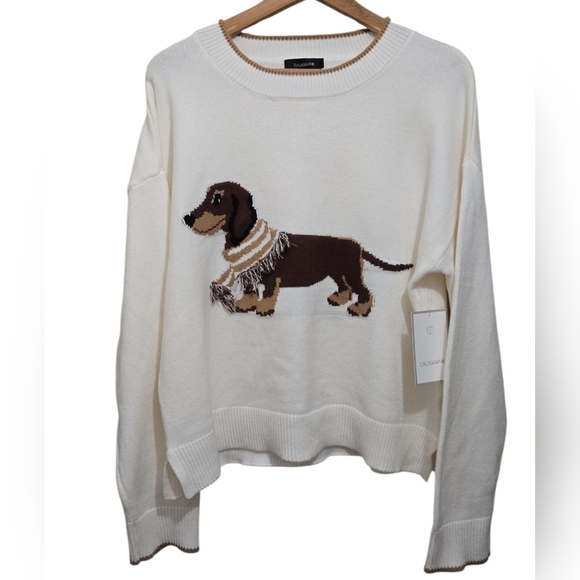Anthropology Dachshund Wearing Scarf Cream Intasia Knit Sweater Size Large - Picture 11 of 11